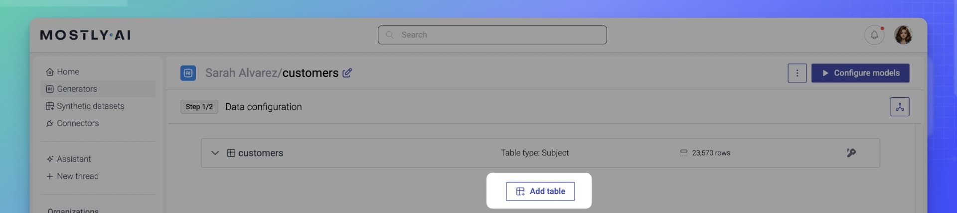 MOSTLY AI - Click Add table