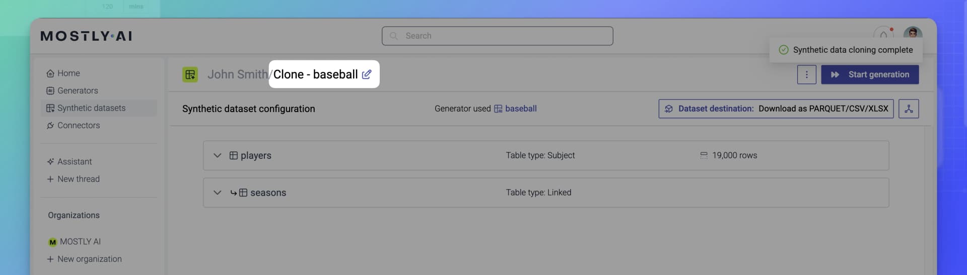 MOSTLY AI - Clone a synthetic dataset - 03 - Name and result